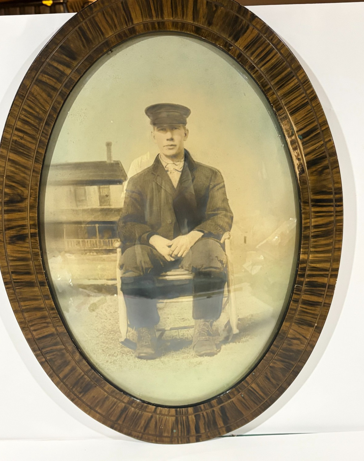 Antique Oval Tiger Wood Picture Frame Convex Bubble Glass Man Sitting on Chair