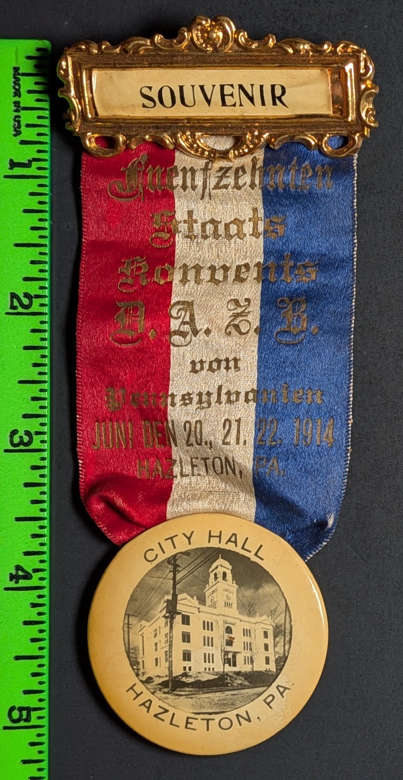 Vintage 1914 City Hall Hazleton PA Ribbon Pinback Pin