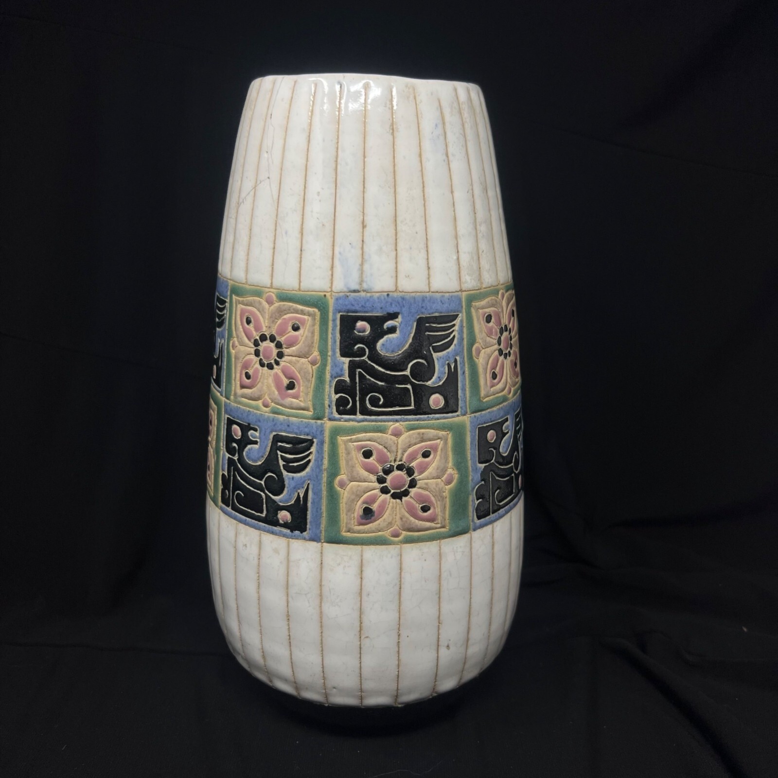 Vintage MCM Korean Floral Bird Vertical Lines Vase - Has CRACK - READ Vintage MCM Korean Floral Bird Vertical Lines Vase - Has CRACK - READ