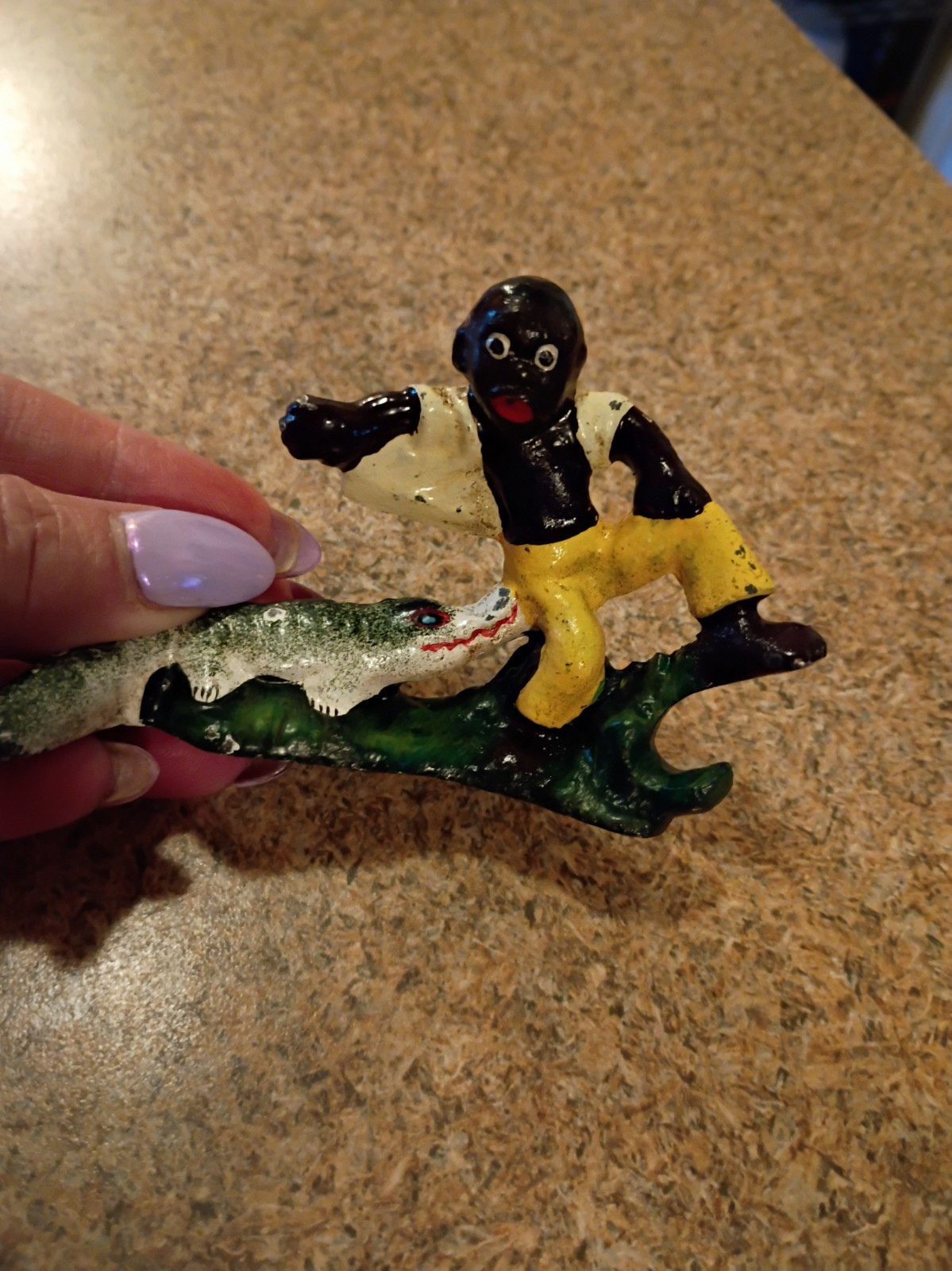 Vintage Cast Iron Alligator Chasing Running Boy Bottle Opener Original Vintage Cast Iron Alligator Chasing Running Boy Bottle Opener Original