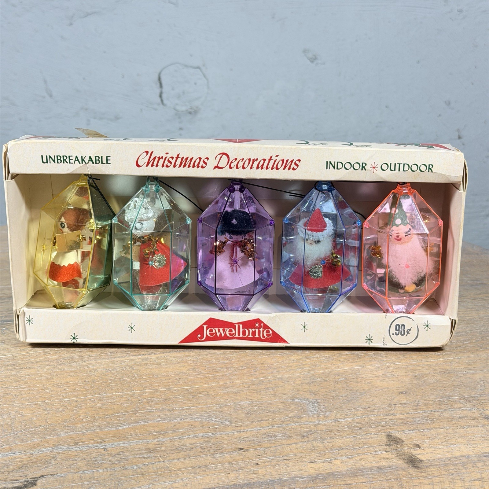 Vintage 1960's Jewel Brite Plastic Hexagon Diorama Christmas Ornaments