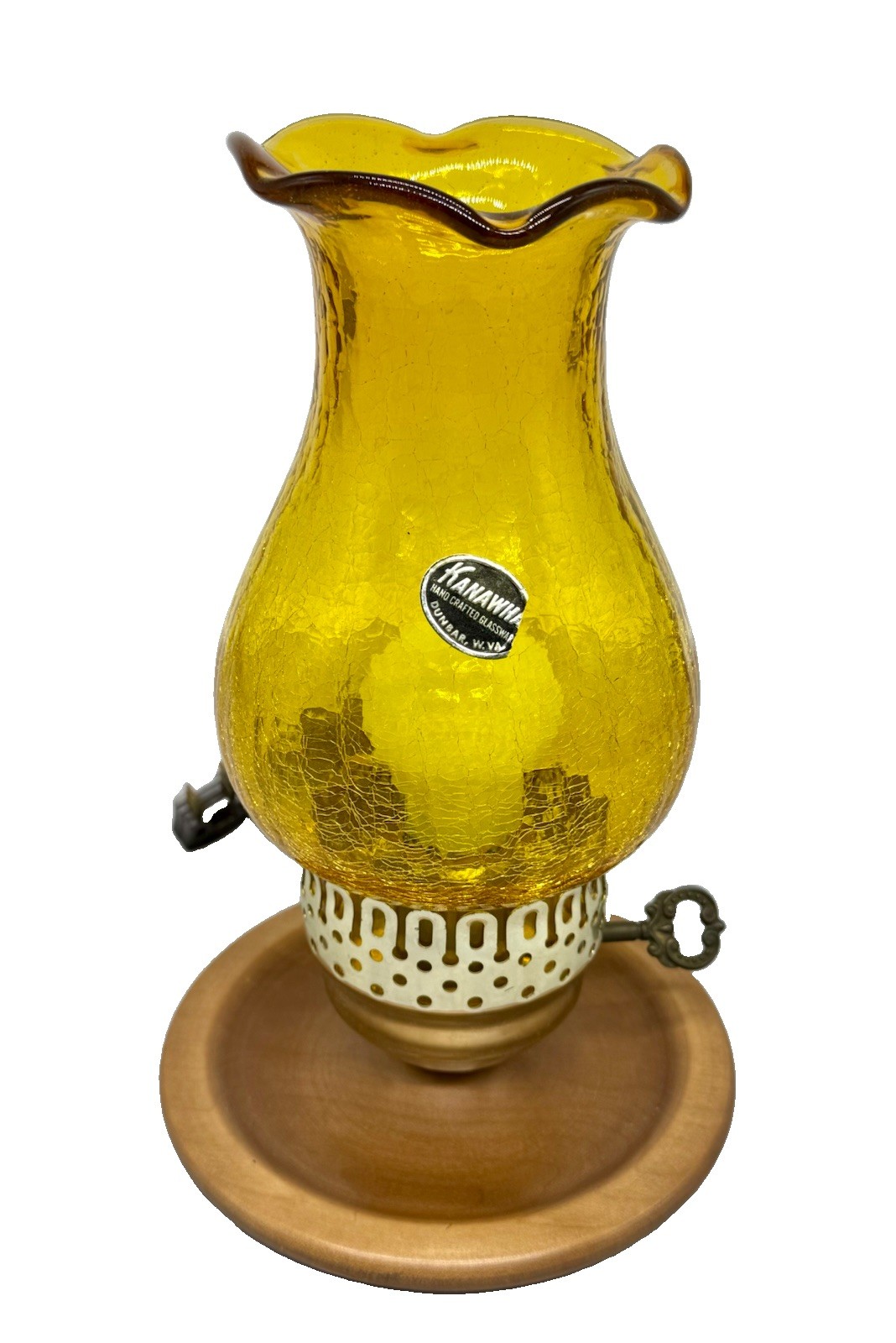 Vintage Kanawha Amber Amberina Crackle Glass Hurricane Lamp MCM Wood Base W.Va