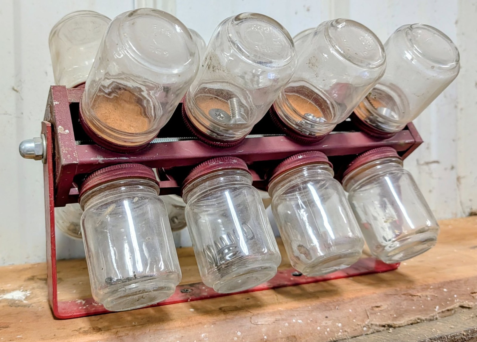 Rotating Vintage Hardware Storage Jars Set of 16 Revolving Bin Nuts and Bolts