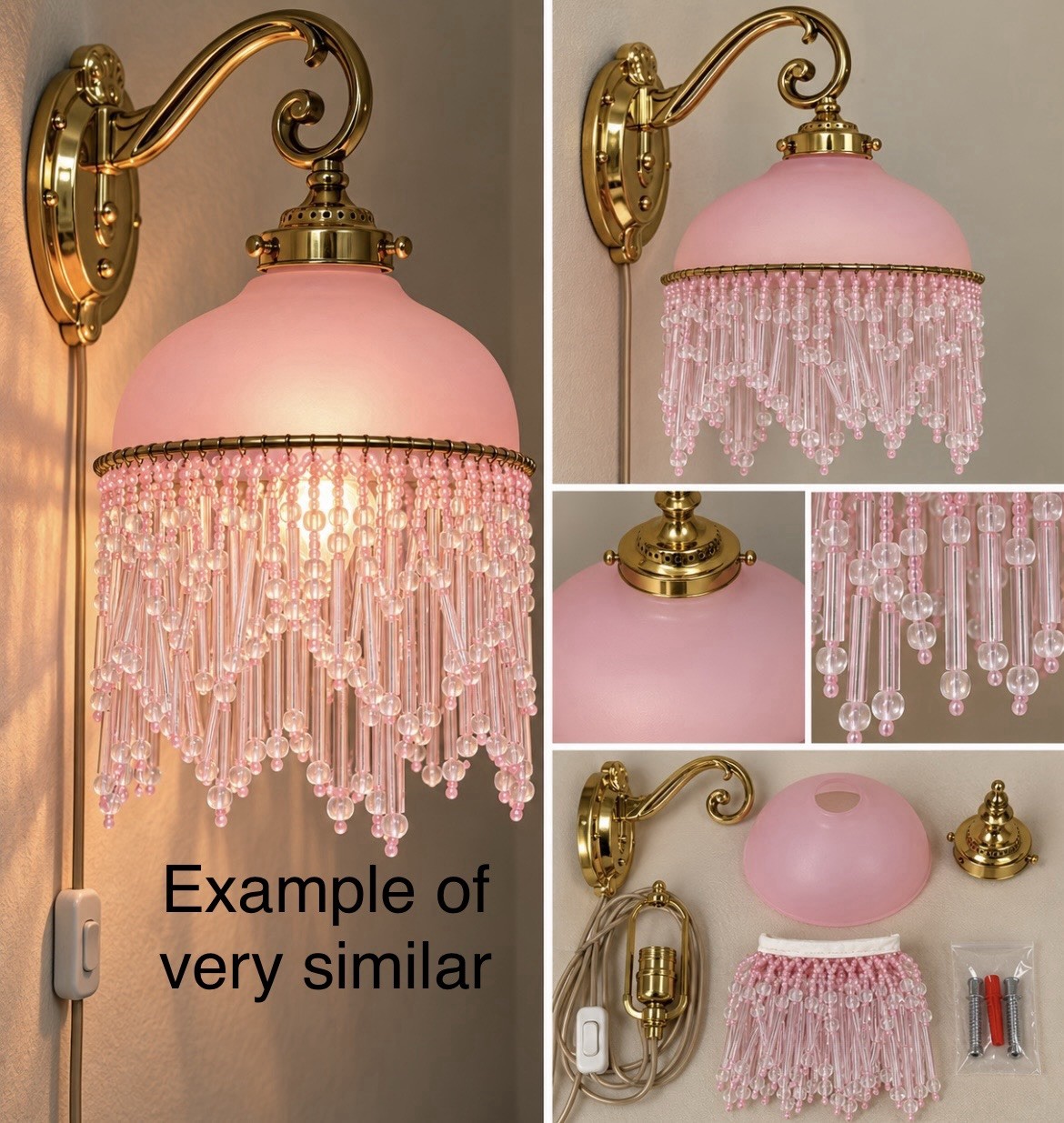 Vintage Spiegel Pink Beaded Glass Wall Lamp NOS Hollywood Re Original Box Taiwan