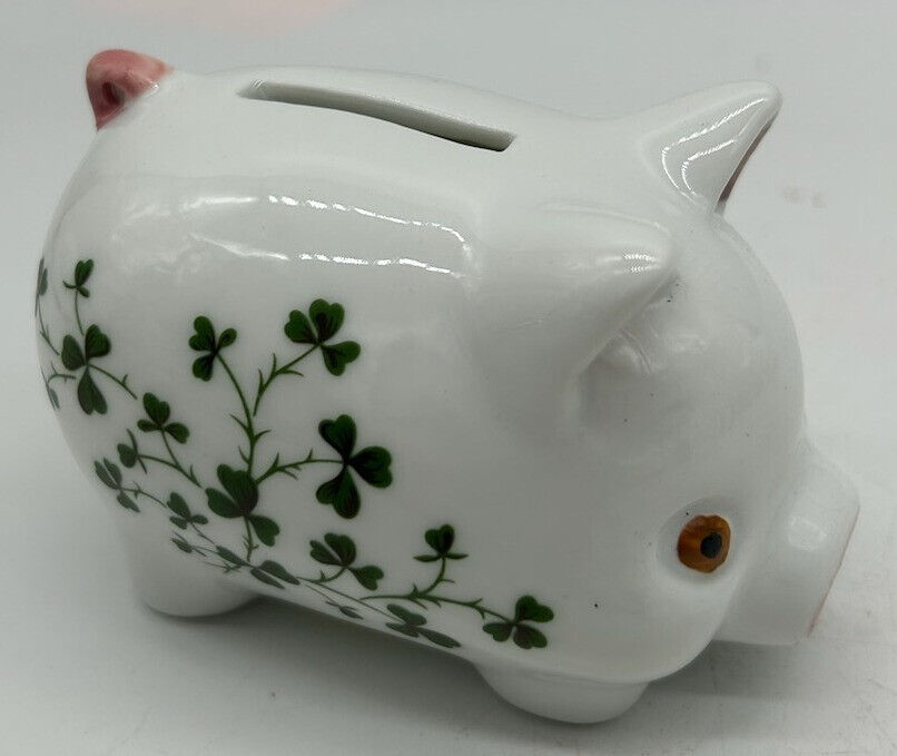 Pig Piggy Bank - Porcelain w/ St Pattys Day Shamrocks - Small