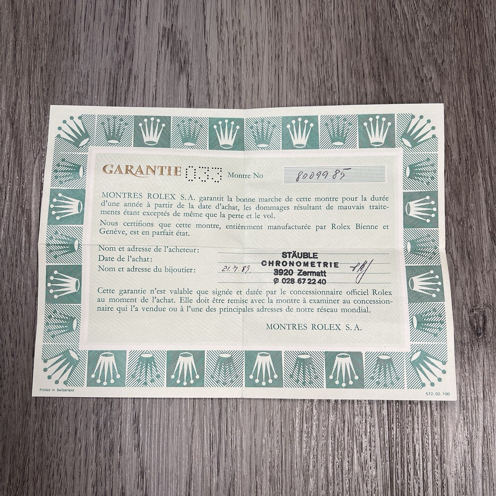 Vintage Authentic 1980s Rolex Warranty Certificate Guarantee Serial Switzerland Vintage Authentic 1980s Rolex Warranty Certificate Guarantee Serial Switzerland