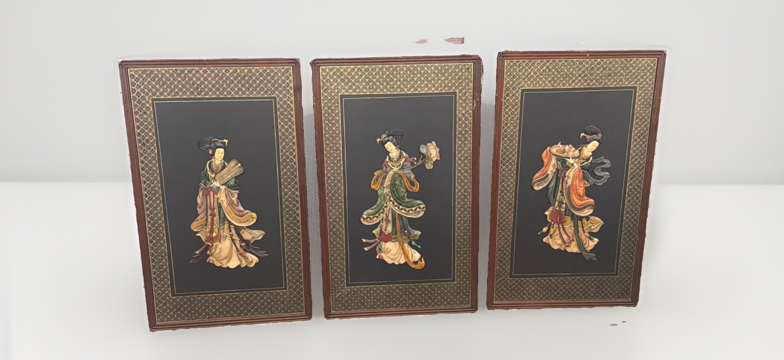 VTG Chinese 3D Resin Relief Wall Panels Brass Hanger Large 40x24 Set of 3 -HEAVY