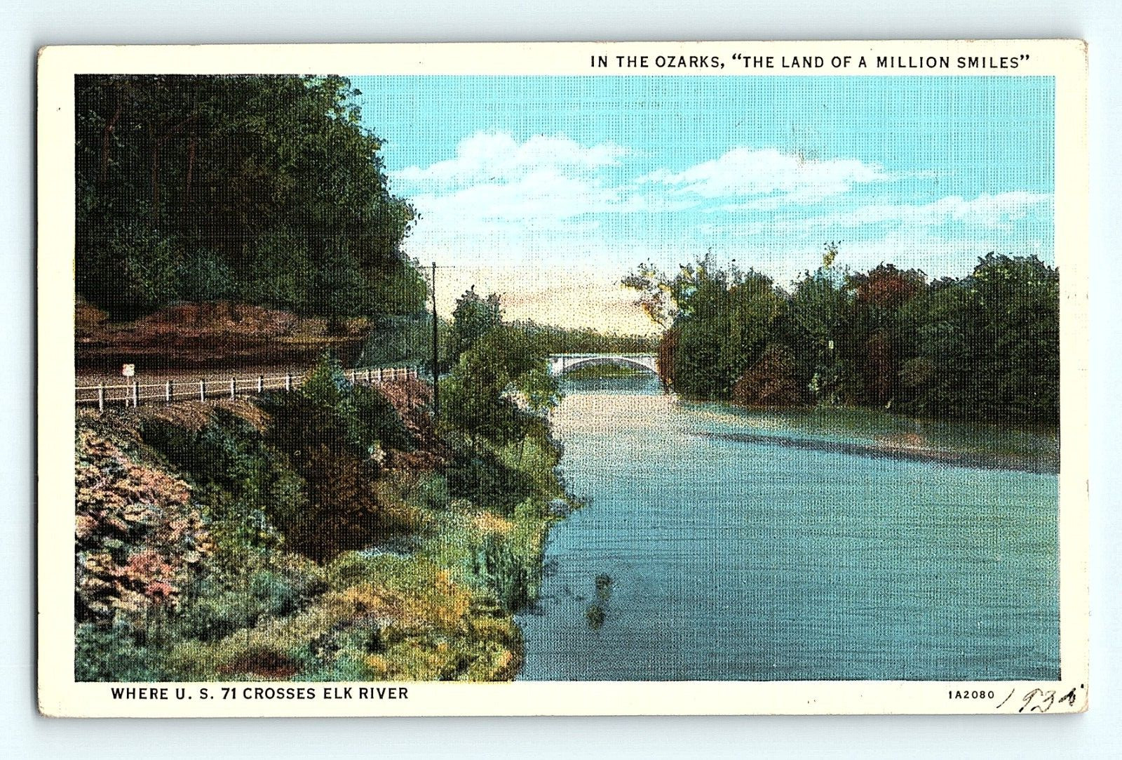 c1940s US 71 Crosses Elk River Ozarks Land of a Million Smiles Linen Postcard G7 c1940s US 71 Crosses Elk River Ozarks Land of a Million Smiles Linen Postcard G7