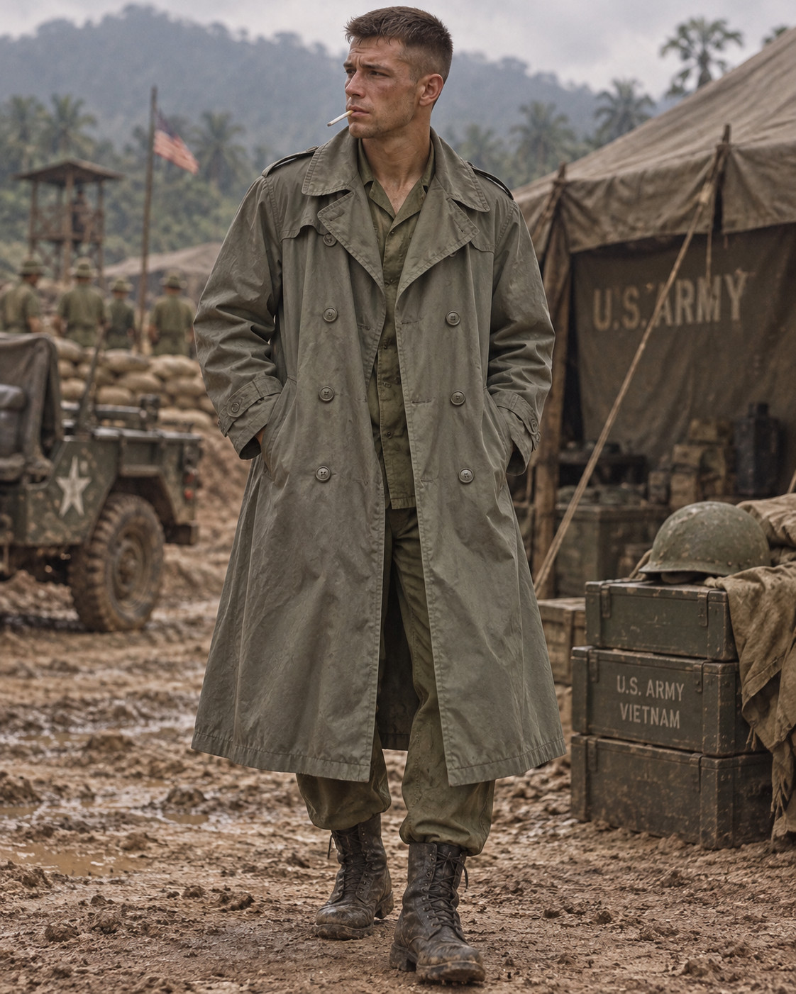Mens Vintage US Army Vietnam War 60s Military Green Rain Trench Coat 40s