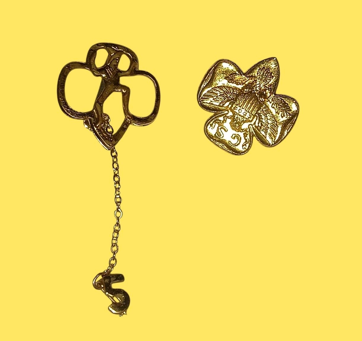 Two Vintage Brownie Girl Scout Pins with 5 Year Removeable Dangling Number Pin