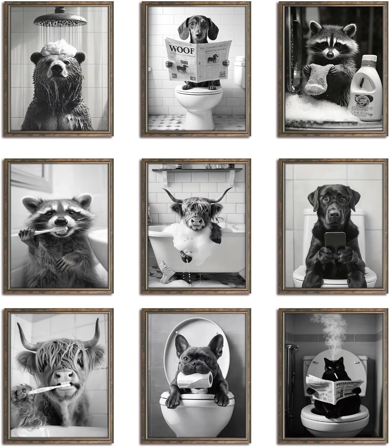 Funny Bathroom Wall Art Set of 9 - Black and White Humorous Animal Wall Decor...