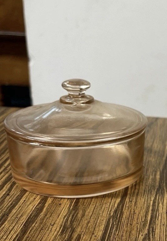 Vintage Pink Depression Glass Powder Trinket Dresser Vanity Jar Candy Dish