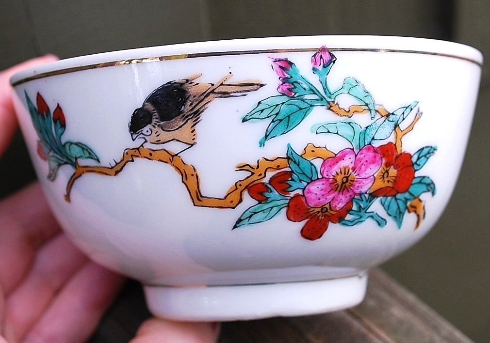 Set 4 Vtg BIRD & CAMELLIA FLOWERS Porcelain RICE BOWLS GOLD RIMS/CHINESE WRITING