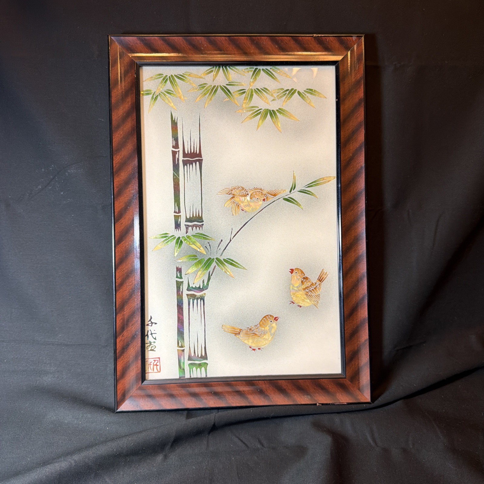 Vintage Birds And Bloooms Asian Bamboo Framed Artwork Shiny Foil Style Vintage Birds And Bloooms Asian Bamboo Framed Artwork Shiny Foil Style