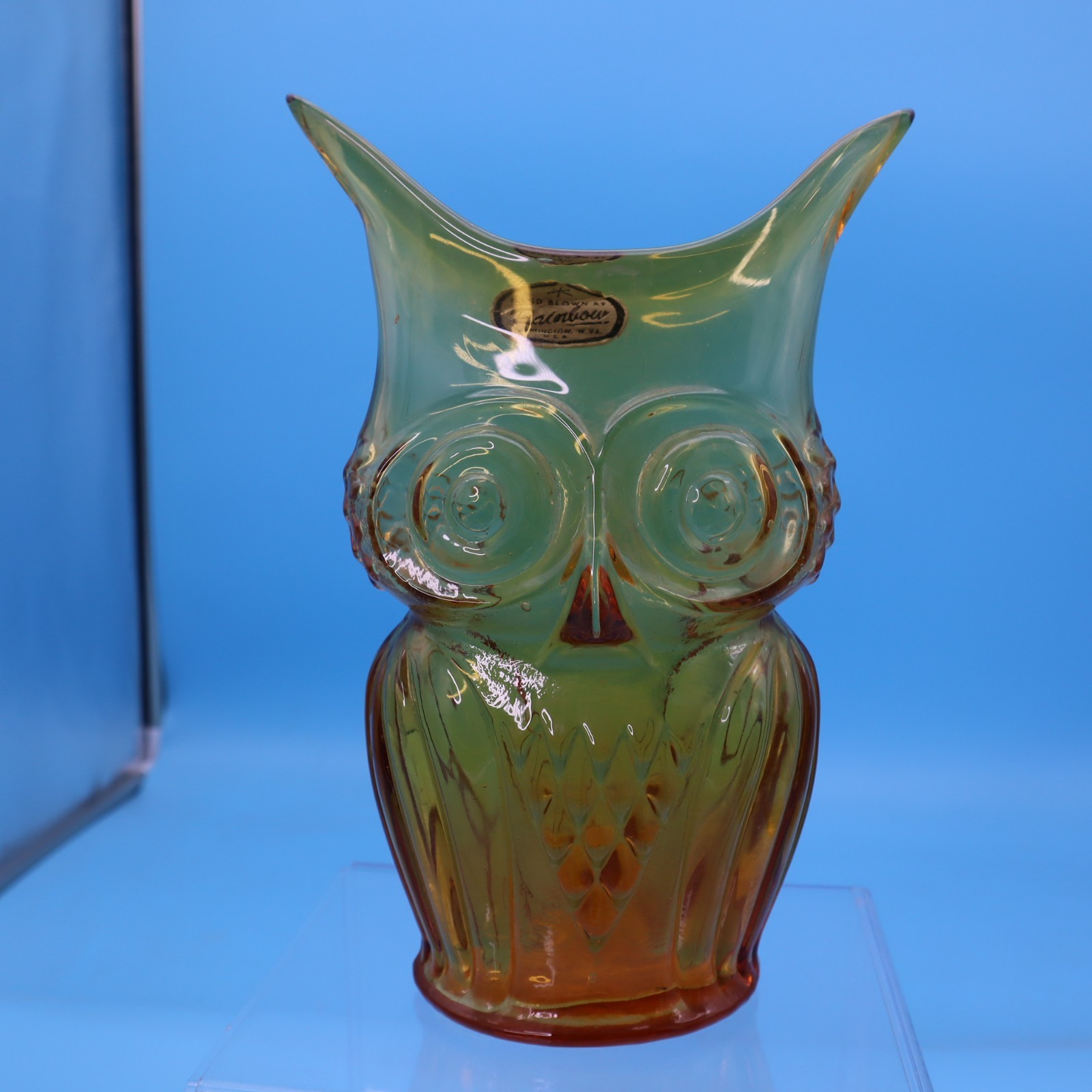 Rare Vintage 1970’s Rainbow Glass Company Hand Blown AMBER Glass Owl Shaped Vase