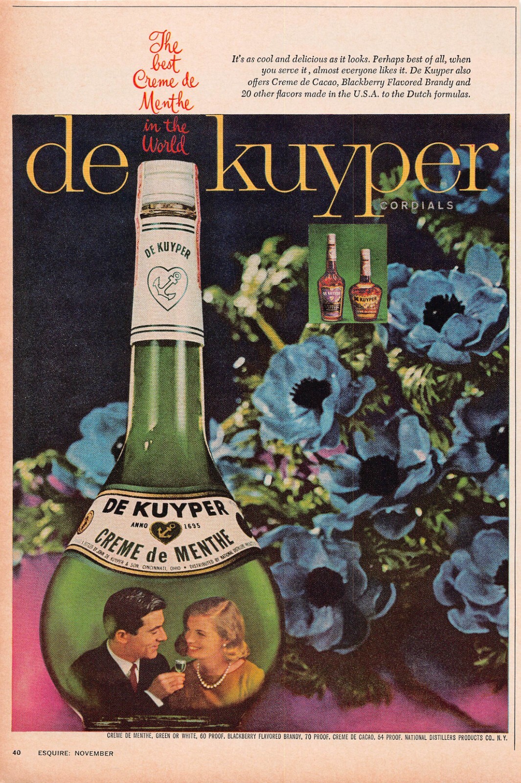 De Kuyper Creme de Menthe Vtg Blue Flowers Botanical Vtg Pop Art Print Ad