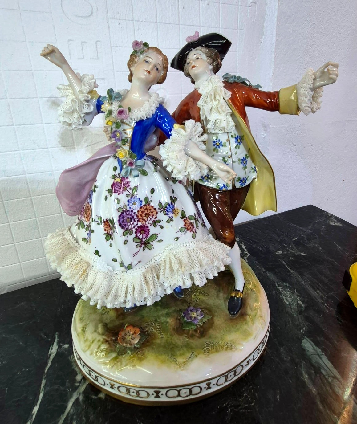 Antique German Volksteadt porcelain lace figurine, dancers, 9