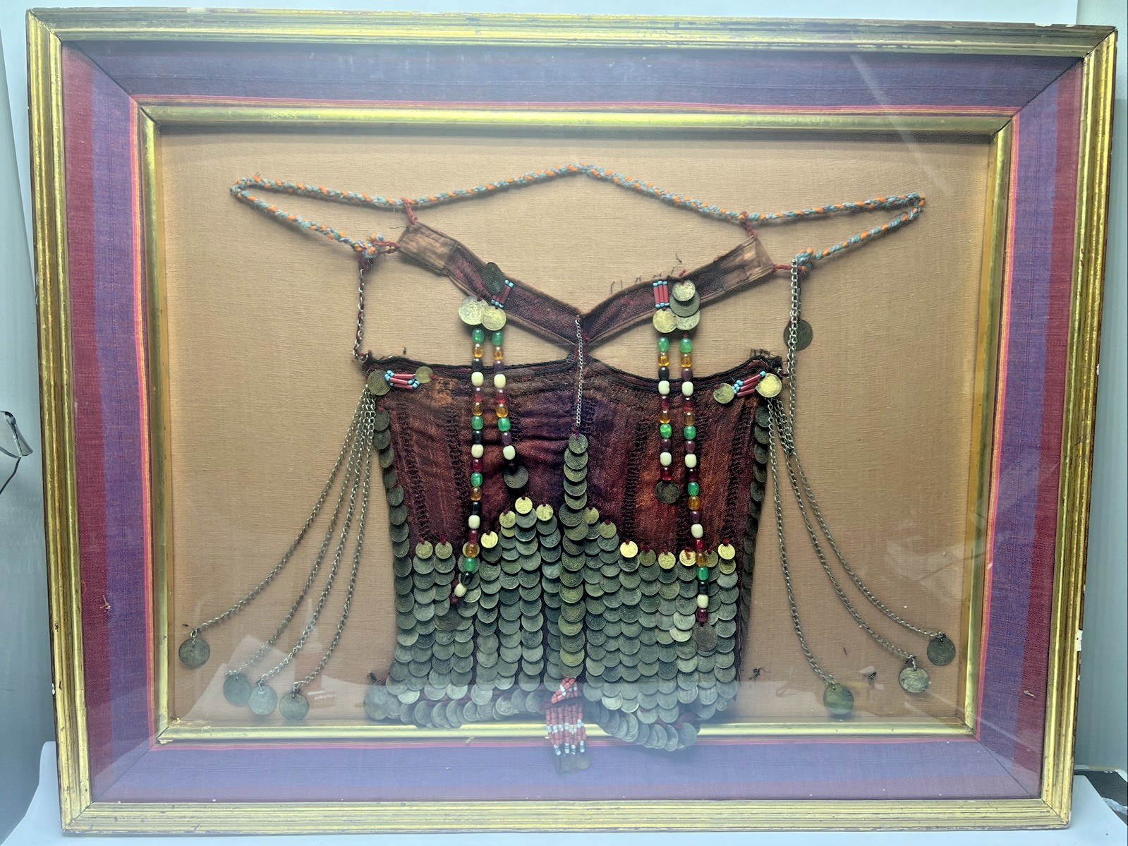 Vintage Bedouin Tribal Veil Face Covering Linen, Coins & Beads Framed 35”x27”