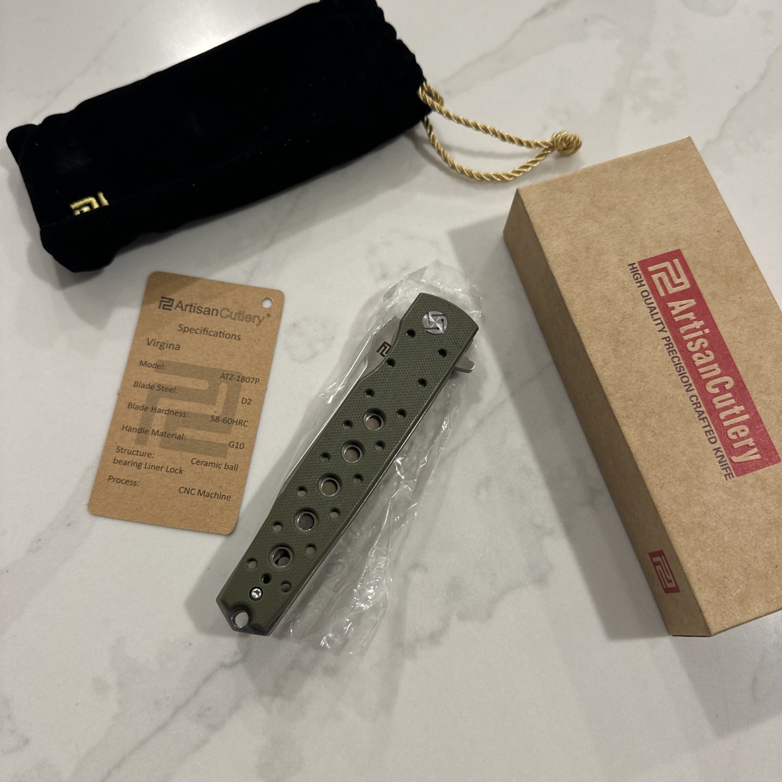 Artisan Cutlery Virginia 1807P-GNF Green Flipper Knife D2 3.94” Blade G10 - New
