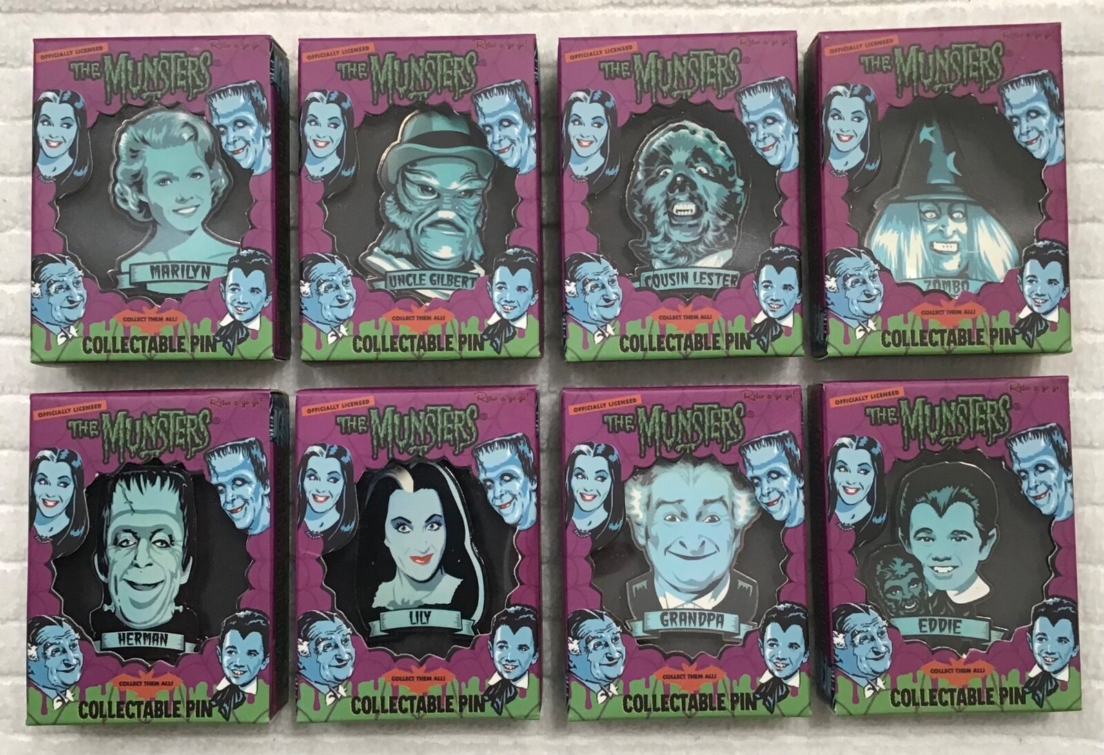 MUNSTERS COMPLETE RARE NEW COLLECTIBLE 8 PIN SET W/ SCARCE COUSIN LESTER & ZOMBO