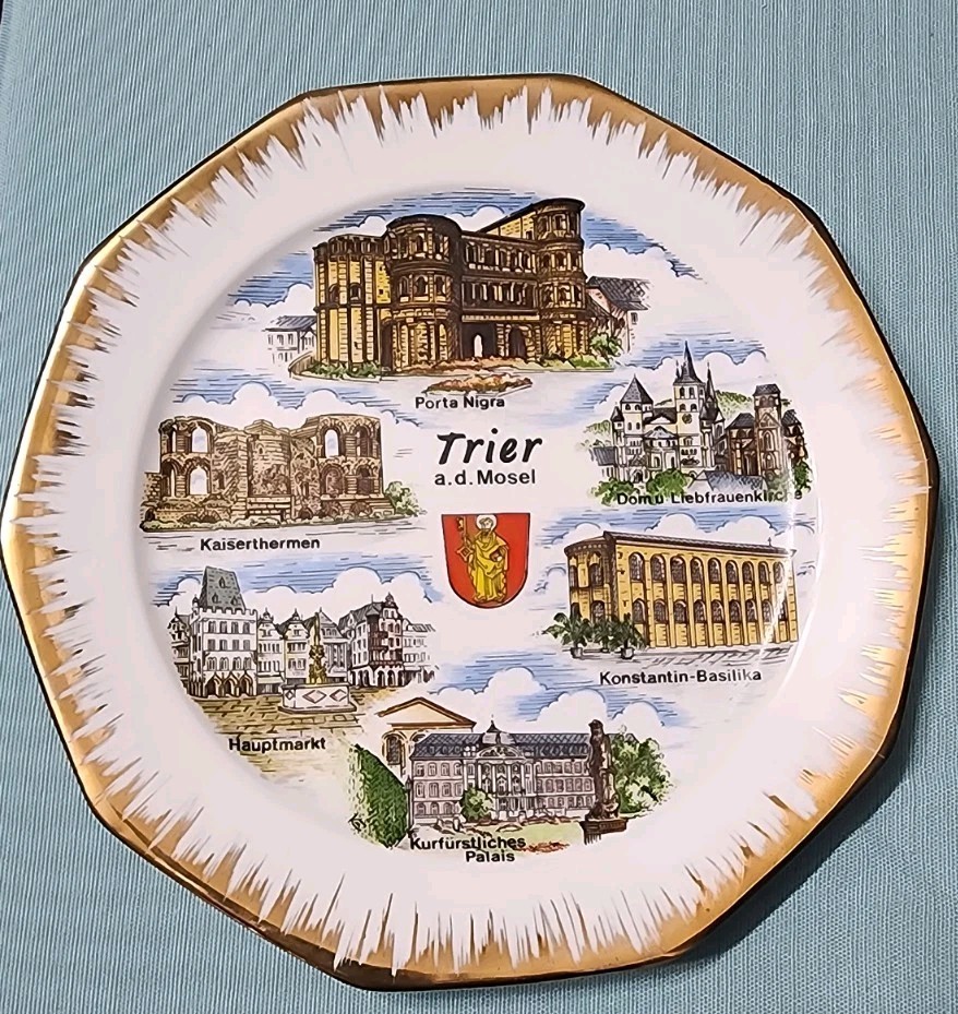 Vintage Kleiber Porzellan Trier Germany Souvenir Wall Plate 22K Gold Handarbeit