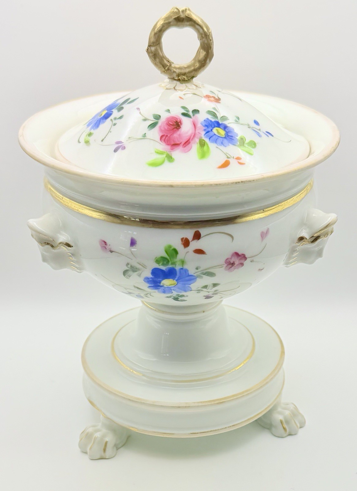 Old Paris Porcelain 1800s Footed Confiturier Sauce Jam Pot Claw Feet Mask Handle Old Paris Porcelain 1800s Footed Confiturier Sauce Jam Pot Claw Feet Mask Handle