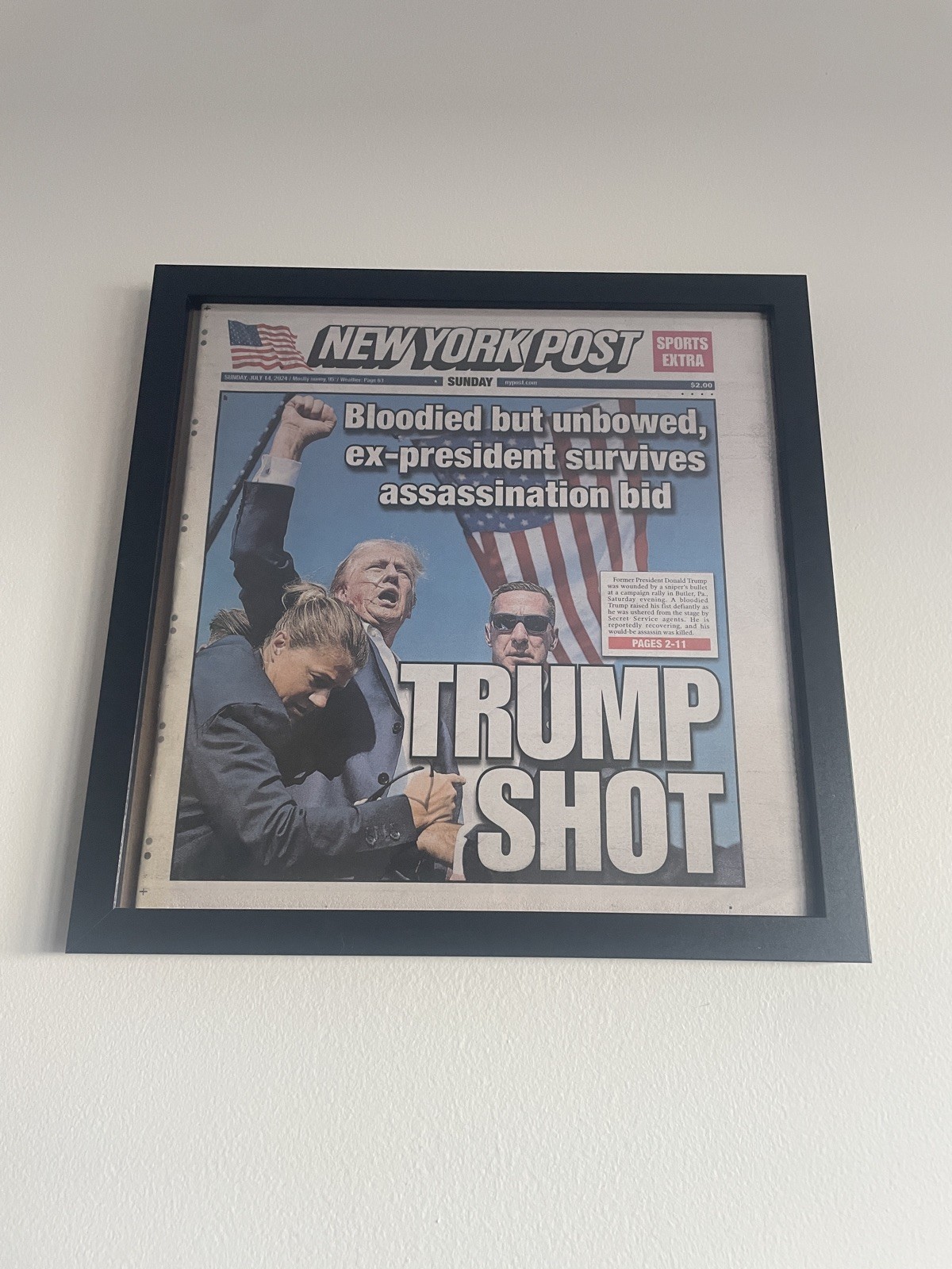FRAMED TRUMP SHOT New York Post Donald Trump Shot 7/14/2024 Sunday Newspaper FRAMED TRUMP SHOT New York Post Donald Trump Shot 7/14/2024 Sunday Newspaper