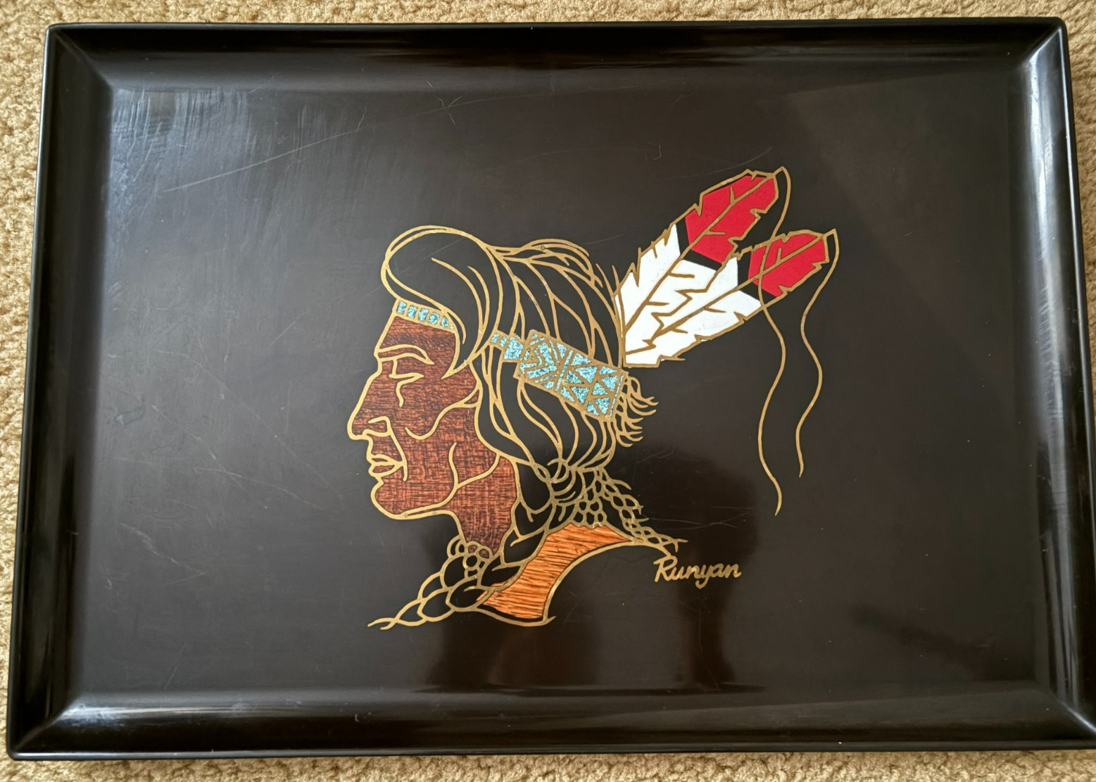 RARE Couroc Large Tray Native American SIGNED by Artist 'Runyan'