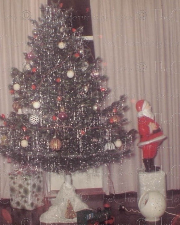 Vintage Photo 1960s Tinsel Christmas Tree Santa Decoration & Toy Train Vintage Photo 1960s Tinsel Christmas Tree Santa Decoration & Toy Train