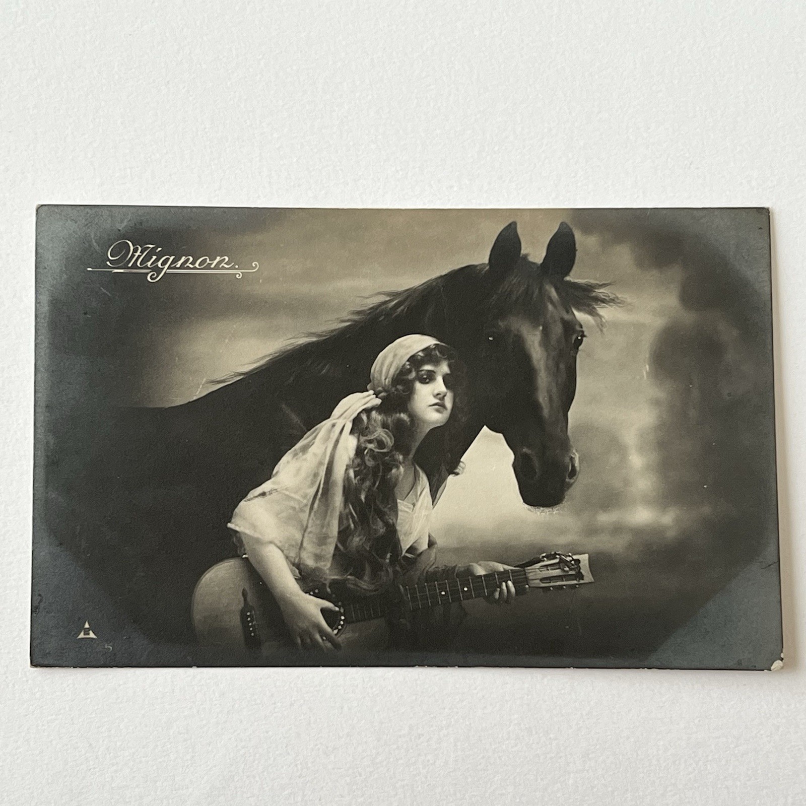 Antique RPPC Real Photograph Postcard Beautiful Mystical Woman Horse & Guitar
