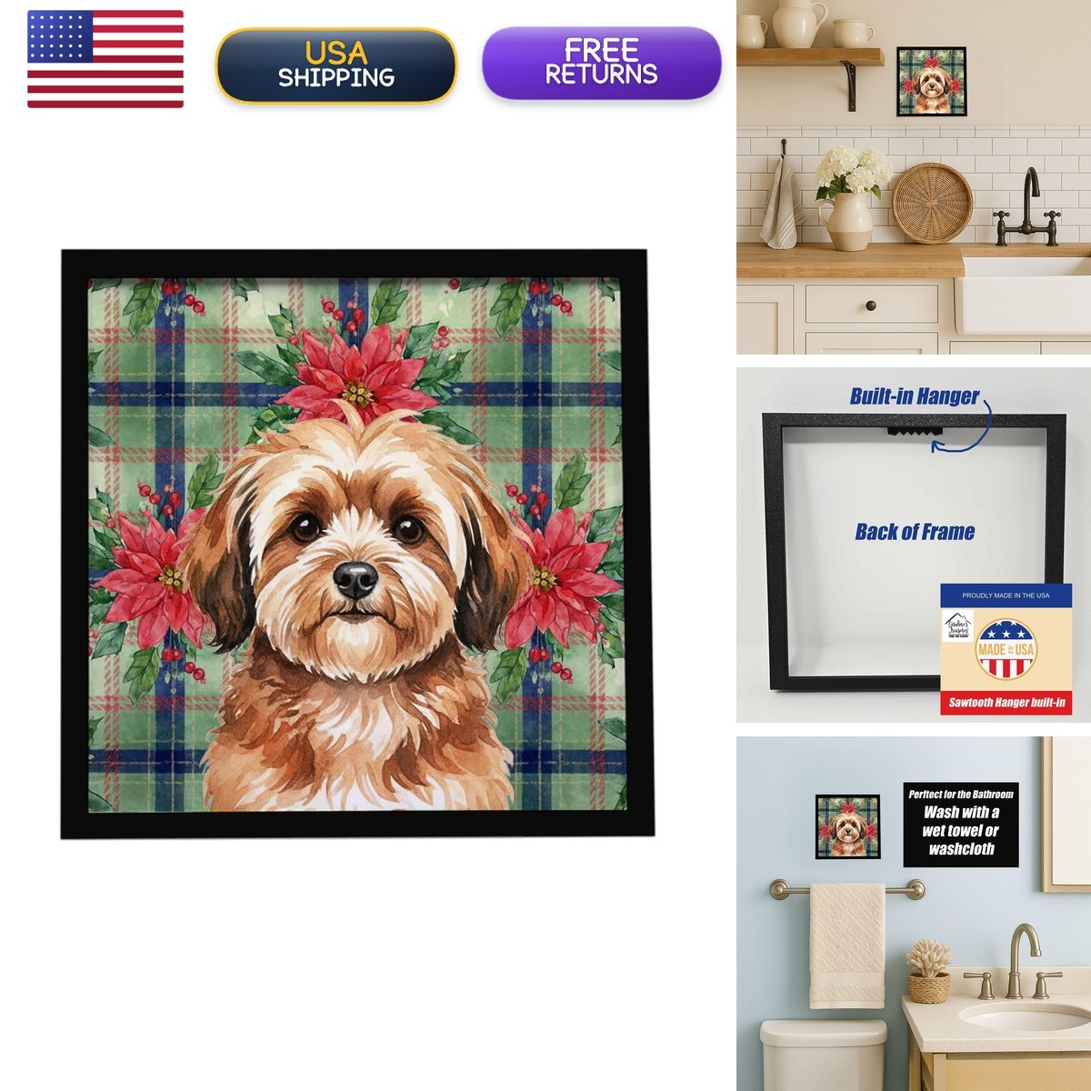 Caroline's Treasures Sable Havanese Christmas Poinsettias Framed Metal Print 8X8
