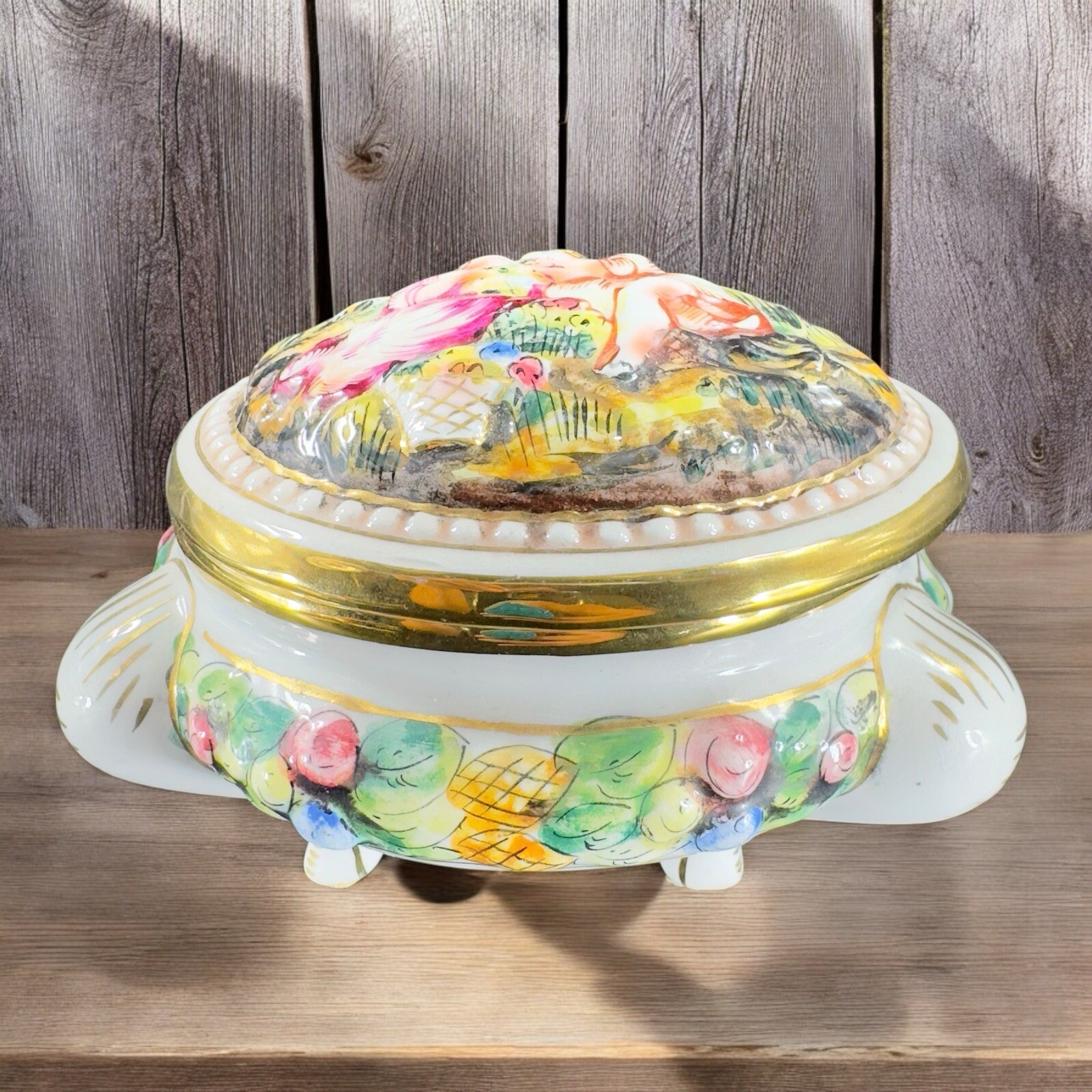 Vintage Capodimonte Italian Pottery Covered Dish Covered Bowl Dish Painted Italy