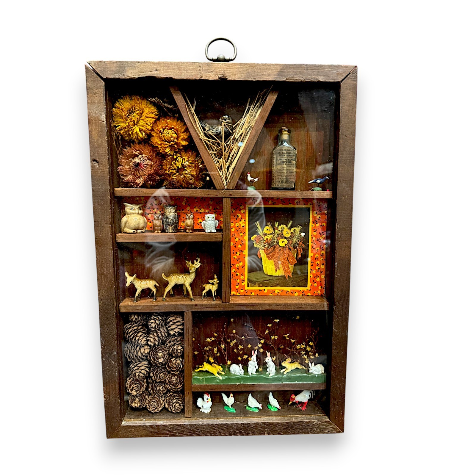 Handmade Vintage Rustic 1970s Shadow Box Curio Display Case - Antique Bottle -