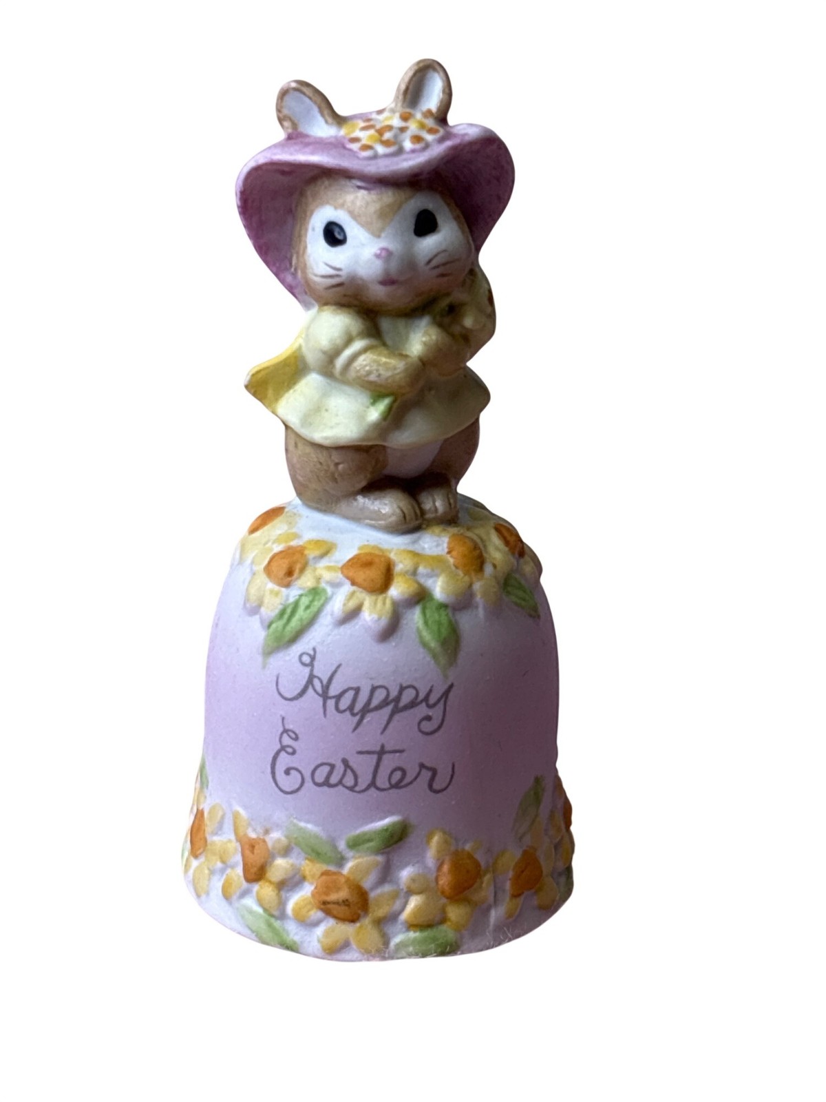 Vintage Ceramic Happy Easter Bunny Rabbit Bell Pastel Flowers Made in Korea 3.5