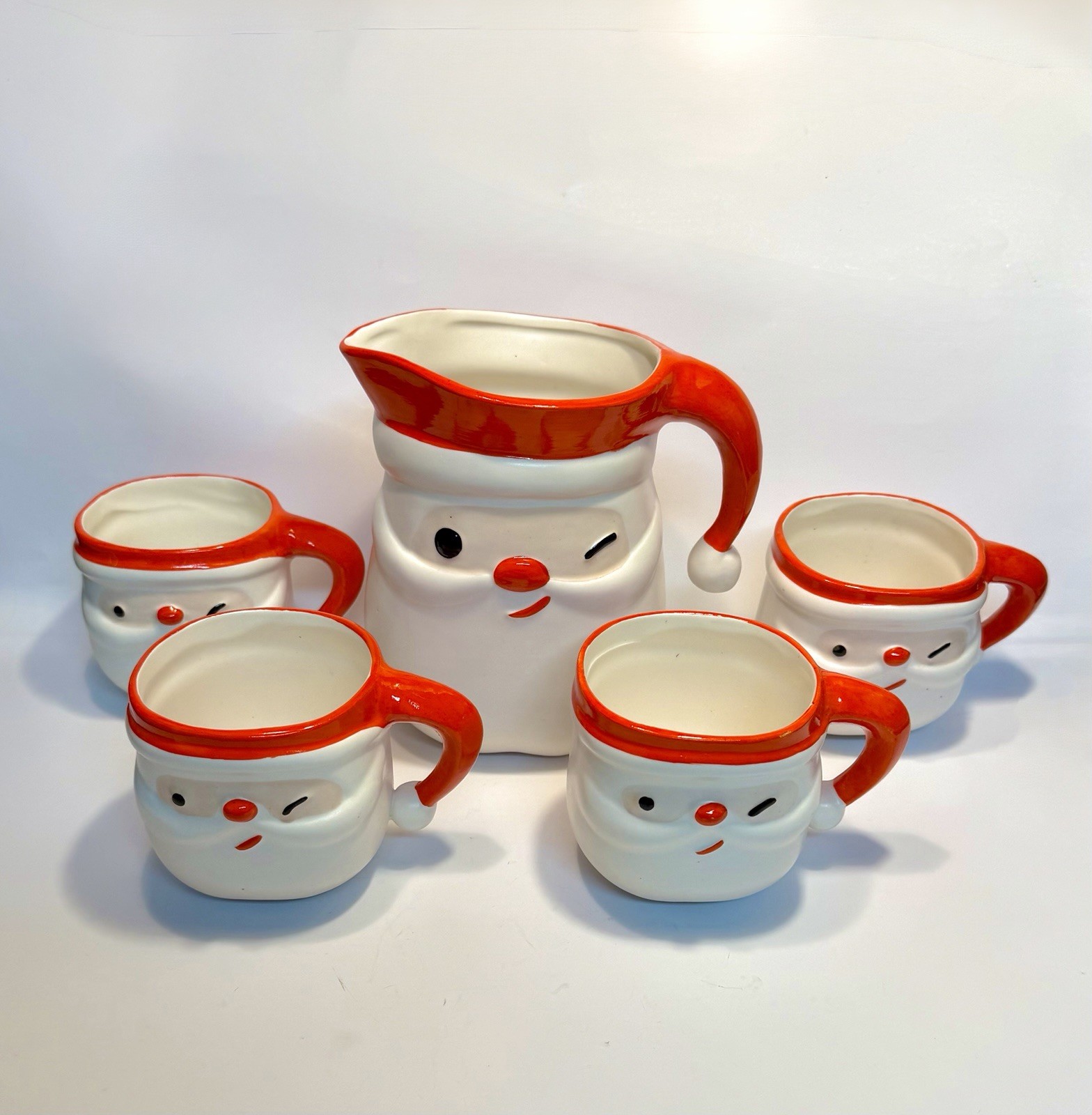 Vintage Napco Winking Santa Claus Pitcher & 4 Mugs MCM Japan Tom & Jerry RARE Vintage Napco Winking Santa Claus Pitcher & 4 Mugs MCM Japan Tom & Jerry RARE