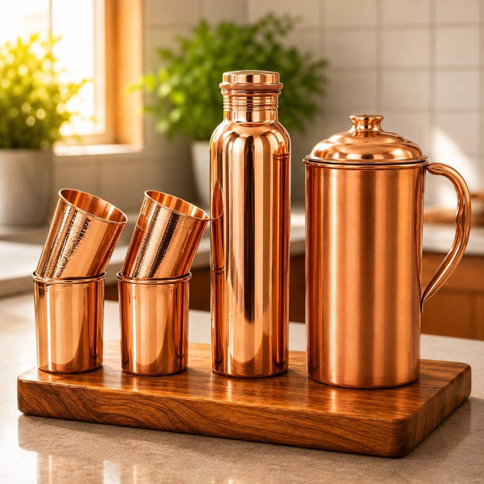 Ayurveda 100% Pure Copper Water Bottle Set with Copper Jug & 4 Glasses
