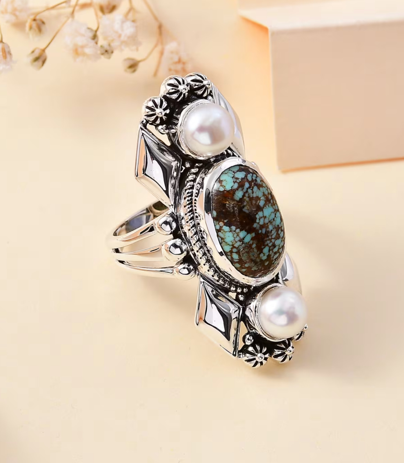 Artisan Crafted Blue Horizon Turquoise & Pearl Sterling Silver Ring 5.60ct Sz 10
