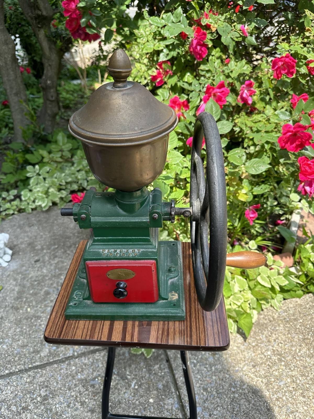Antique Peugeot Frères Manual Coffee Grinder Cast Iron Wood Base Brass Hopper