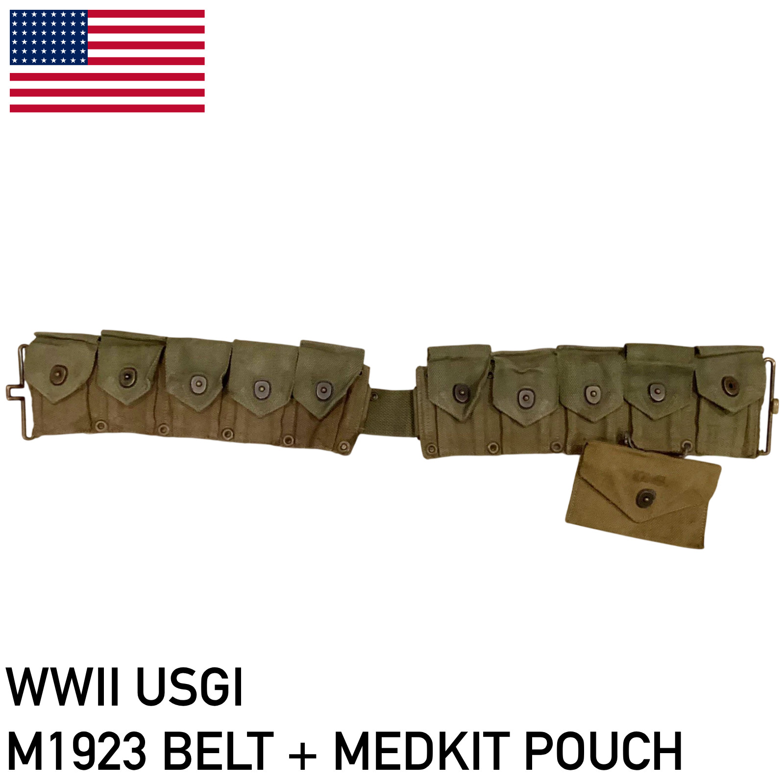WWII 1944 MARKED M1923 GARAND CARTRIDGE BELT+ CARLISLE MEDKIT POUCH GREEN KHAKI