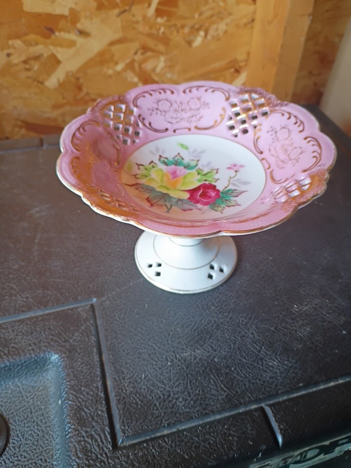 Vintage China Compote Pedestal Dish Handpainted Floral Motif Lattice Dish, Japan Vintage China Compote Pedestal Dish Handpainted Floral Motif Lattice Dish, Japan