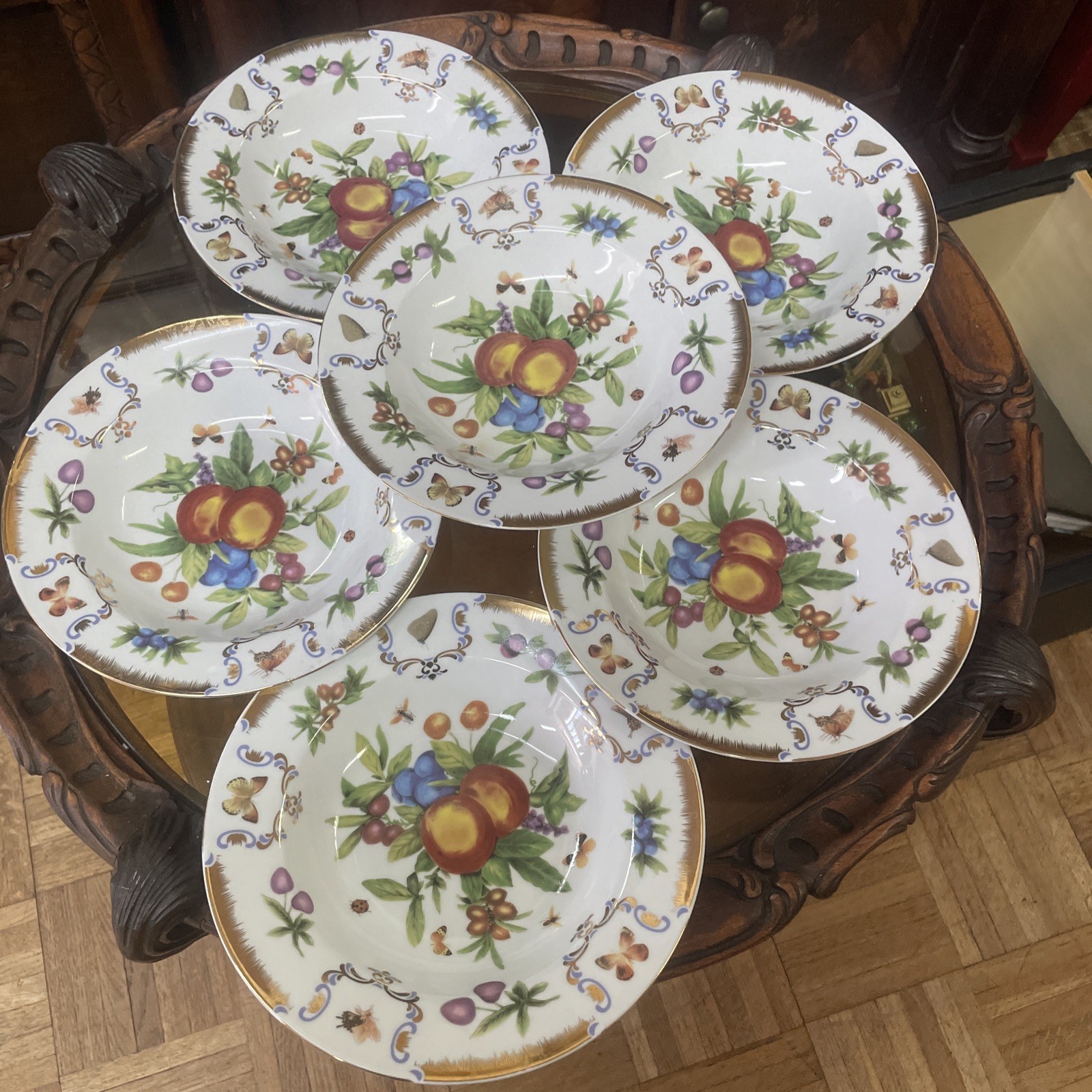 Vintage Godinger Yorkshire Bowls Set 6 Gold Rim Porcelain Butterfly Cottage 8.5” Vintage Godinger Yorkshire Bowls Set 6 Gold Rim Porcelain Butterfly Cottage 8.5”