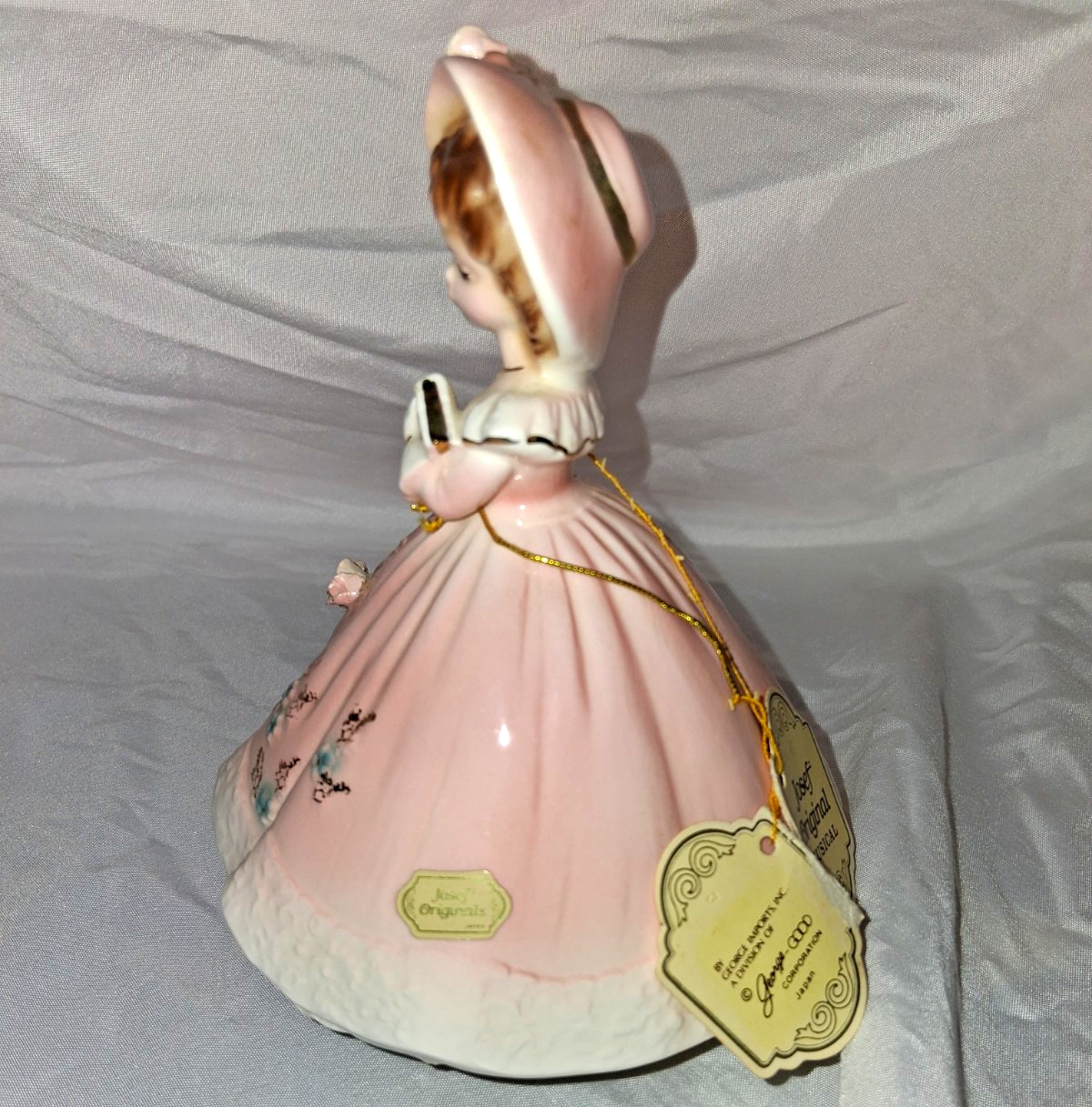Josef Originals Musical Girl Figurine Music Box Pink Dress Bonnet w/ Tag