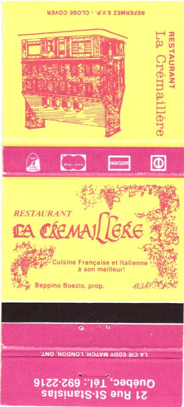 Restaurant La Cremaillere Québec QC Vintage Matchbook Cover 1970s Restaurant La Cremaillere Québec QC Vintage Matchbook Cover 1970s
