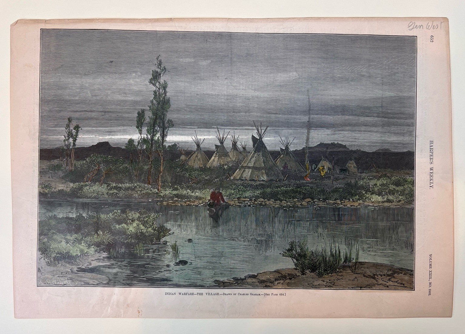Indian Warfare Village Native American Harpers Weekly 1885 color print Graham
