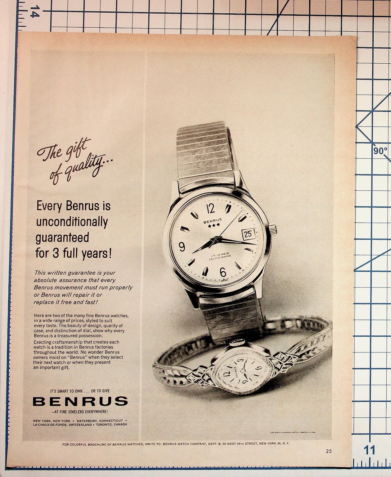 1960 Benrus Watches Vintage Print Ad - Men's & Women's Timepieces Ephemera 1960 Benrus Watches Vintage Print Ad - Men's & Women's Timepieces Ephemera