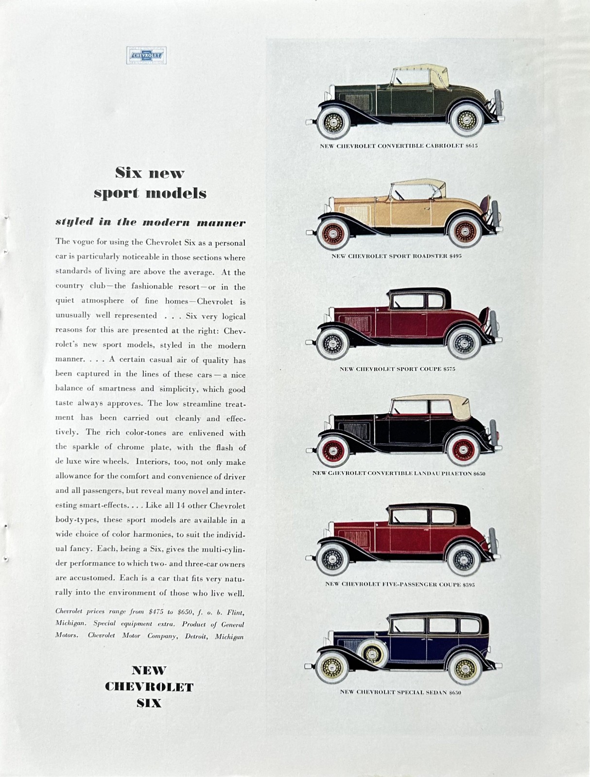 1931 Ad (9 3/4  X 12 3/4 inches) Chevrolet Six New Sport Models