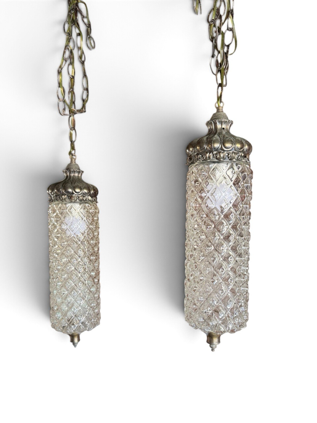 Vintage Hollywood Regency Pendant Lights Pair Textured Glass Brass MCM 20