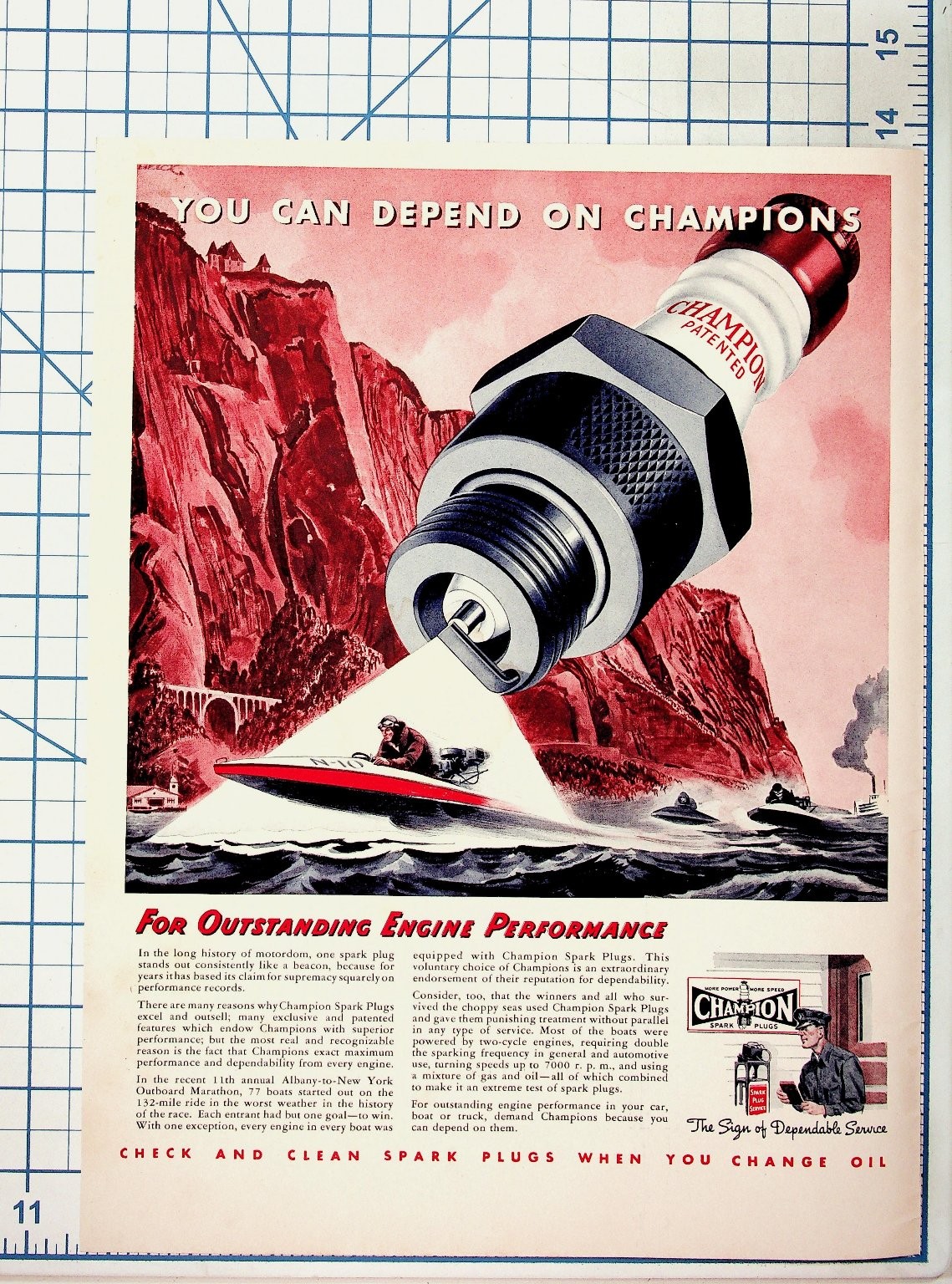 Vintage 1930s Champion Spark Plug Ad Speed Boat Racing Ephemera Magazine Print Vintage 1930s Champion Spark Plug Ad Speed Boat Racing Ephemera Magazine Print