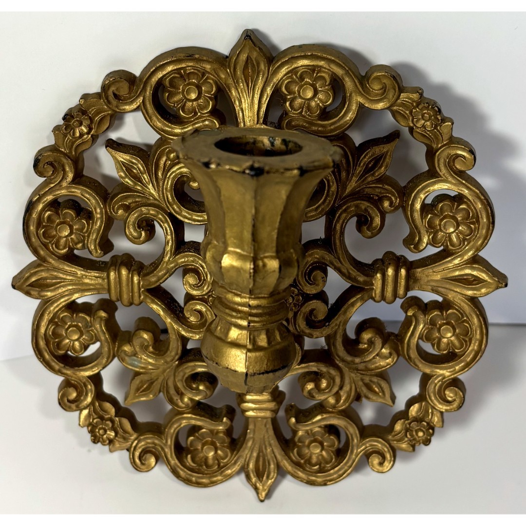Vintage Homco Ornate Gold Plastic Round Wall Sconce 1973 Floral Candleholder MCM Vintage Homco Ornate Gold Plastic Round Wall Sconce 1973 Floral Candleholder MCM