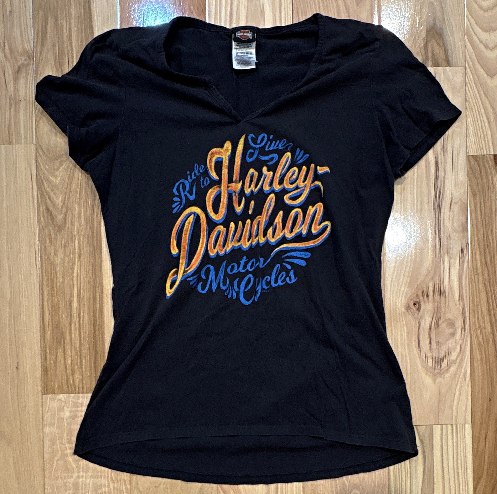 Harley-Davidson Women L Ride to Live Black V-Neck Graphic T-Shirt Black 2018
